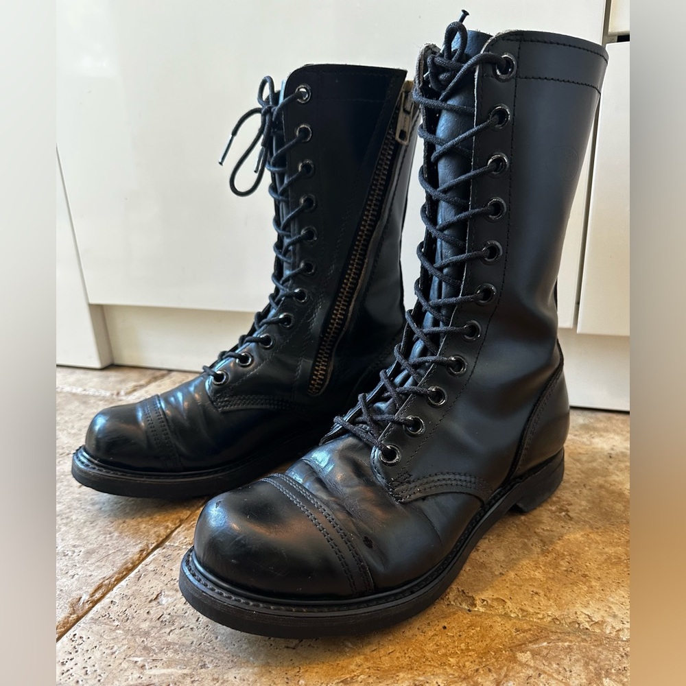 Vintage 1950s Black Leather Zip/Lace Up Combat Boot